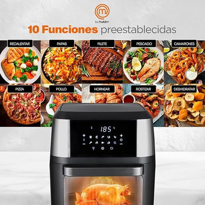 Hukën x MasterChef | Horno Freidora de Aire Multifuncional Premium 12 L | 10 Funciones | Panel Touch | Apagado Automático | Luz Interna | Acero Inoxidable | Accesorios y Recetario