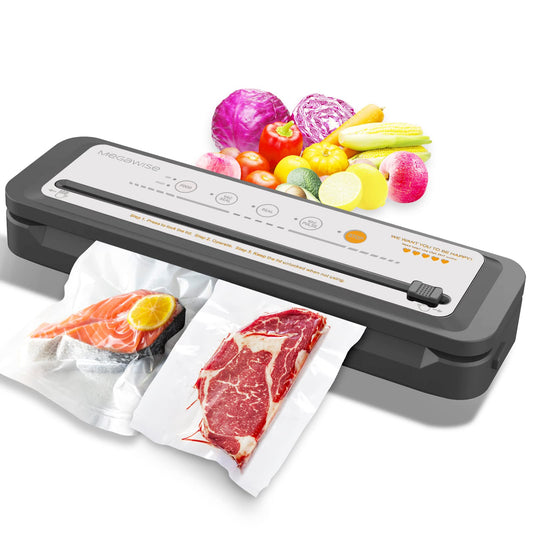 MEGAWISE Selladora al vacío para alimentos secos, húmedos y marinados | 80 kPa, Thin/Medium/Thick, VAC PULSE/STOP, 10 bolsas, cortador integrado, manguera para recipientes, color plateado