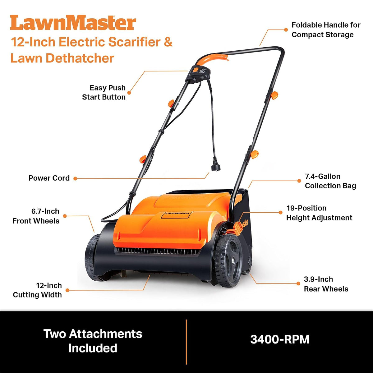 LawnMaster GV1212B Escarificador y Dethatcher 13" 12AMP