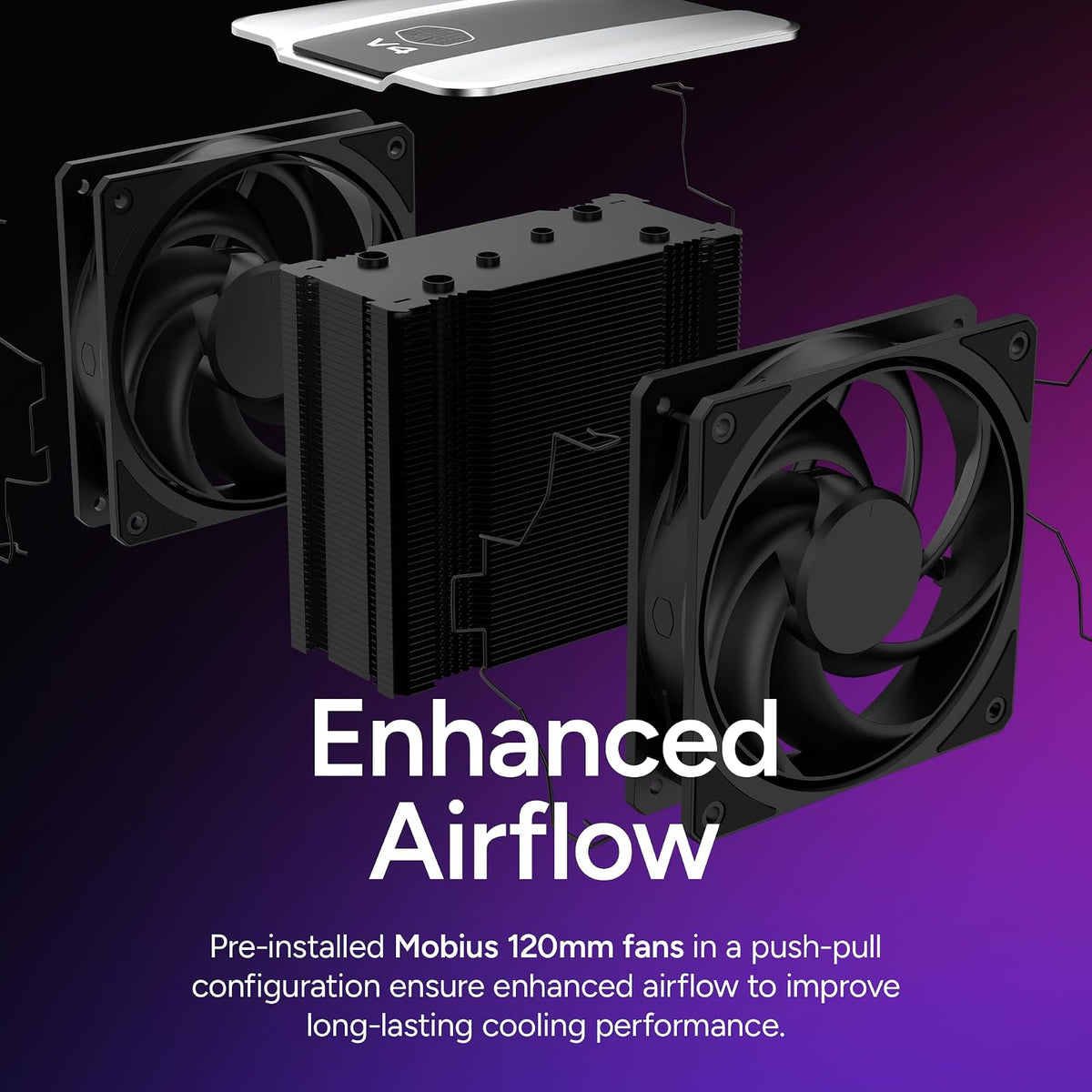 Cooler Master V4 Alpha 3DHP Ventilador de CPU Negro, Tecnología de Tubo de Calor Alpha 3DHP, Ventiladores Duales Mobius 120 PWM, Operación Silenciosa, Fácil Instalación, AMD Ryzen 9 AM5|4, Intel Ultra