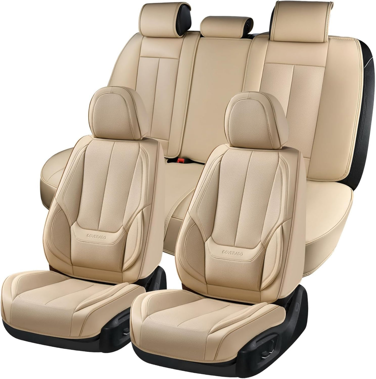 Coverado - Juego Completo de Fundas de Asiento de Automóvil, Impermeable, de Piel de napa para Asiento de Automóvil, Fundas de Asiento de Automóvil, Color Beige, Asientos Delanteros y Trasero, Ajuste Universal