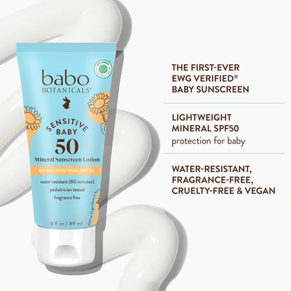 Babo Botanicals Baby Skin Spf 50 Mineral Sheer & Gentle Sunscreen Fragrance Free Lotion, 3 Fl Oz, Unscented, 3 Fluid Ounce