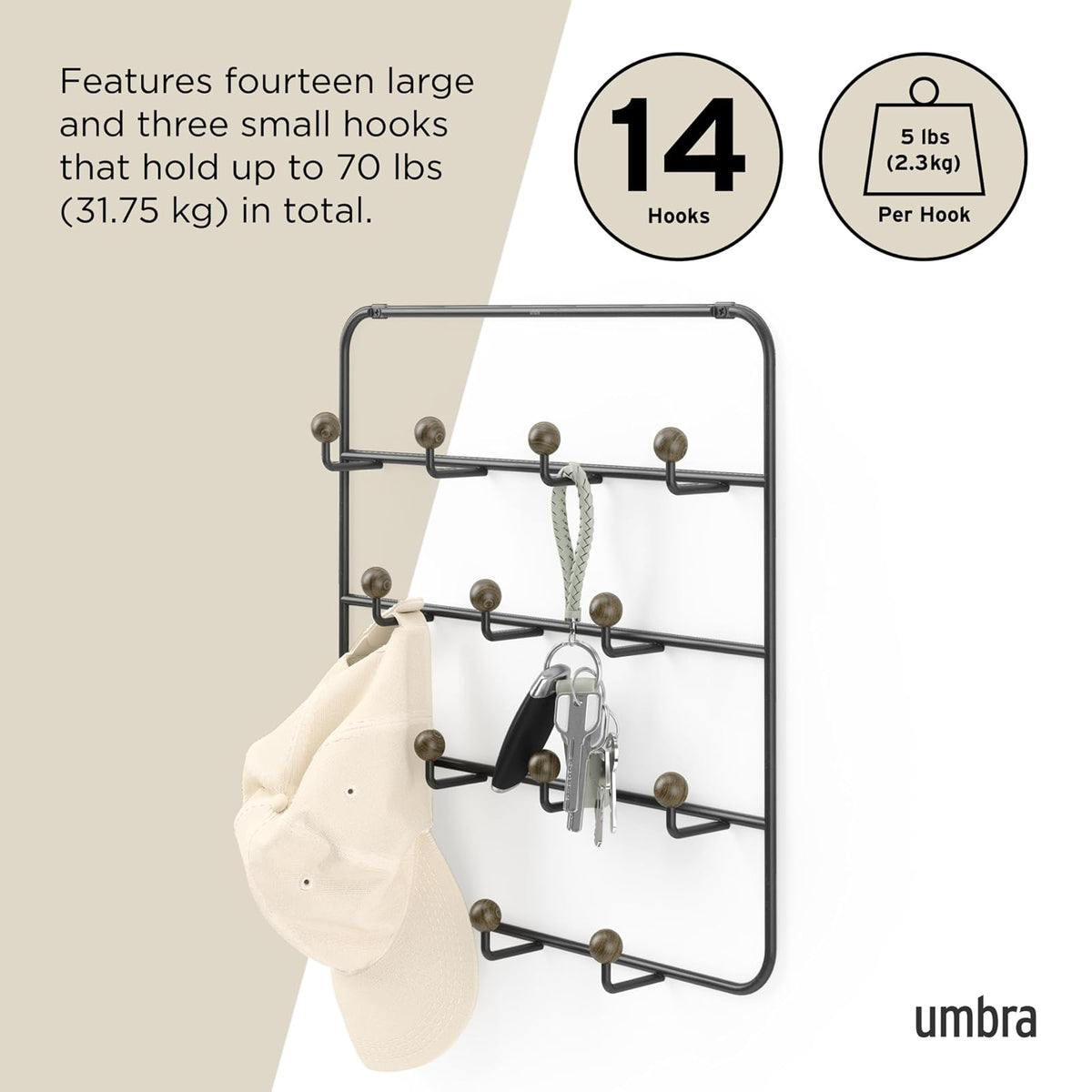 Umbra Estique Organizador con múltiples ganchos | Clavijas de madera de acero, sin enganches, se adapta a puertas de 1.6 pulgadas, acabado recubierto de energía
