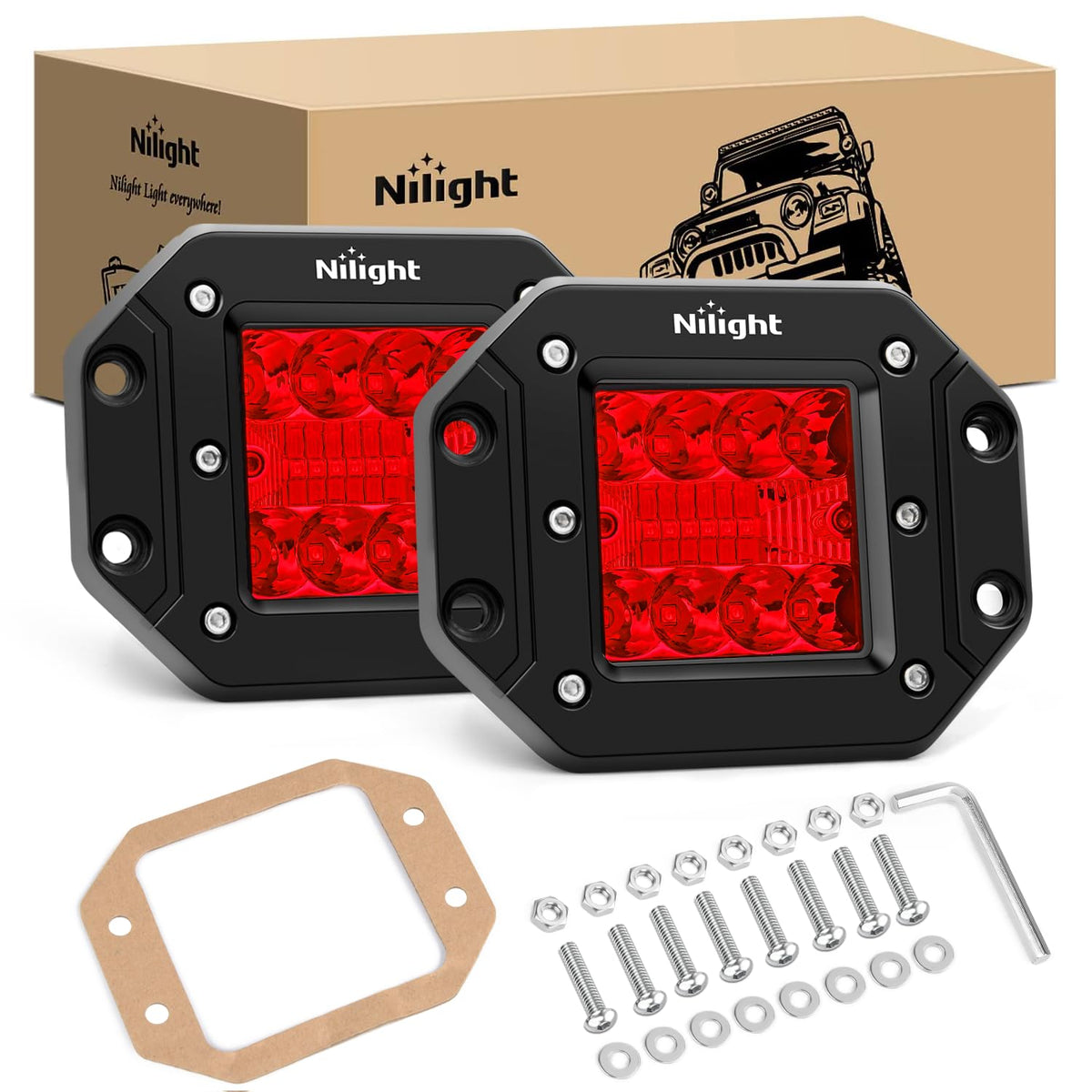 Nilight Faros LED Flush Mount 42W para Todoterreno, Combo Spot/Flood (2 pzas) - 2 cápsulas LED de 42 W, luz roja