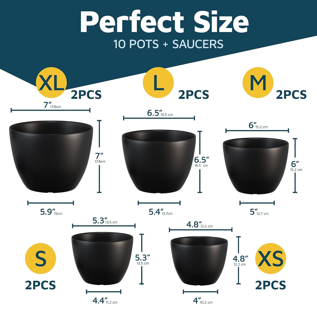 Plant Pots with Multi Drainage Holes - 10 Pieces Versatile, Sturdy Plastic, Stackable Design Home Decor Flower Pots for Indoor and Outdoor Gardening - Black