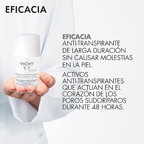 Vichy DEOS Desodorante Anti-transpirante Calmante Roll-On 48H para Piel Muy Sensible o Depilada, Fórmula Hipoalergénica sin Alcohol ni Perfume, Cuidado Anti-Irritación, 50 ml