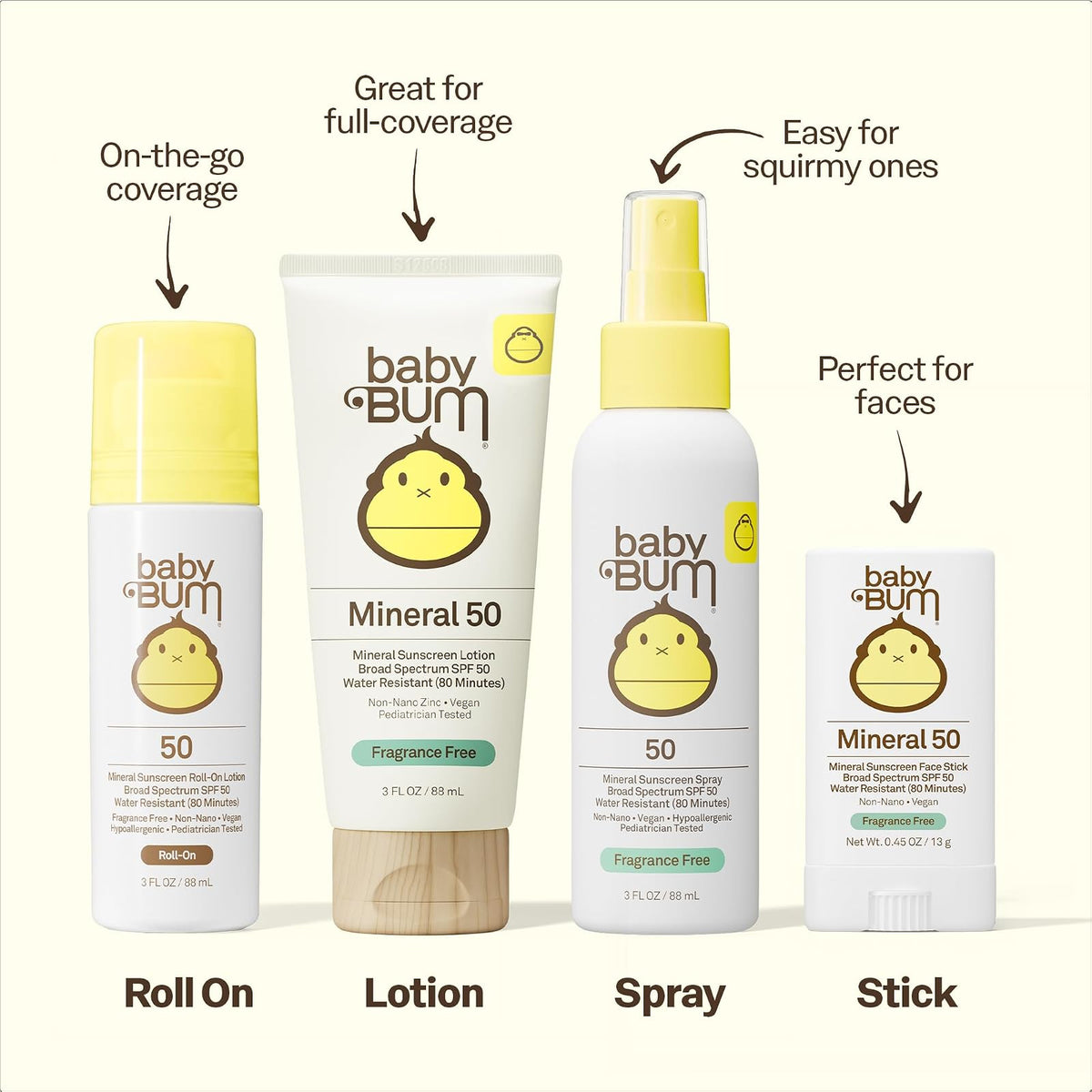 Protector solar roll-on Baby Bum Mineral SPF 50 | Vegano y compatible con la Ley de Arrecifes 104 de Hawaii (sin octinoxato ni oxibenzona) Loción protectora solar hidratante de amplio espectro UVA/UV