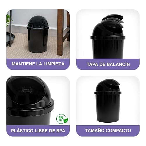 JOY - Bote de Basura Redondo, Pack de 2, con Tapa de Balancín, Ideal para Mantener la Limpieza en el Hogar y Oficina, 5 Litros de Capacidad, Plástico Libre de BPA, Negro