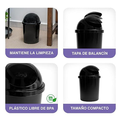 JOY - Bote de Basura Redondo, Pack de 2, con Tapa de Balancín, Ideal para Mantener la Limpieza en el Hogar y Oficina, 5 Litros de Capacidad, Plástico Libre de BPA, Negro