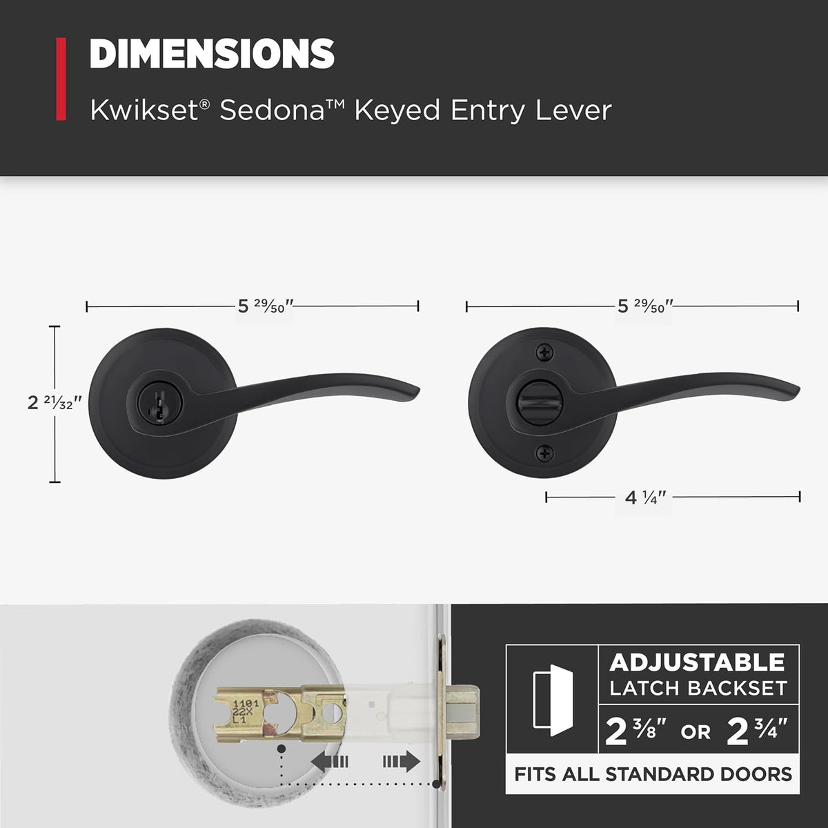 Kwikset Sedona - Manija de puerta de entrada con cerradura y llave, palanca reversible con llave segura, para entrada frontal y dormitorios, negro mate, resistente a las púas Smartkey Rekey Security y