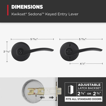 Kwikset Sedona - Manija de puerta de entrada con cerradura y llave, palanca reversible con llave segura, para entrada frontal y dormitorios, negro mate, resistente a las púas Smartkey Rekey Security y