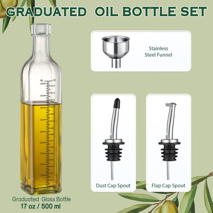 AOZITA - Botella dispensadora de aceite de oliva de vidrio de 17 onzas, 500 ml, transparente, aceite y vinagre con vertedores y embudo, jarra de aceite de oliva para cocina