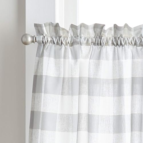 Curtain Works Country - Cortinas rústicas Modernas para Cocina, diseño de búfalo a Cuadros y Cenefa de café, Juego de 3 Piezas, 36 Pulgadas, Color Gris Blanco