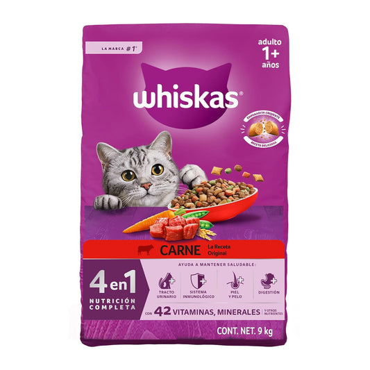 Whiskas Alimento Seco para Gatos Adultos 4 en 1, 100% Nutrición Completa y – Sabor Carne 9kg