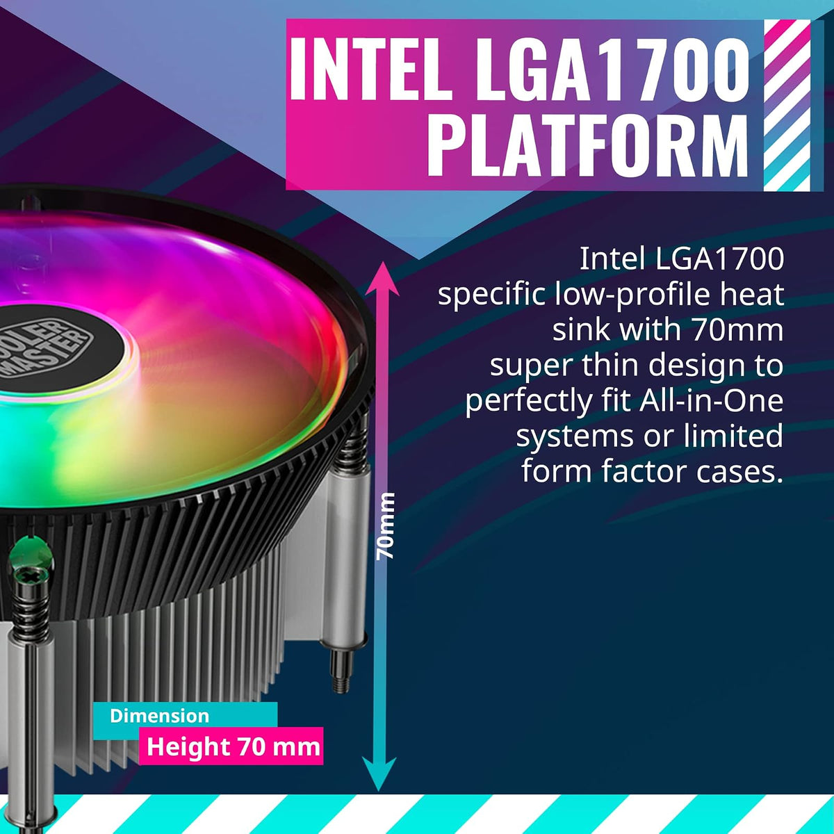 Cooler Master i70C LGA1700 Enfriador de Aire CPU | ARGB 120 mm PWM, aluminio anodizado negro, inserto cobre, 95 W TDP, perfil bajo 70 mm