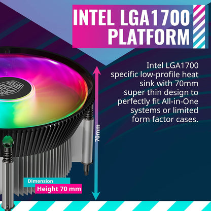 Cooler Master i70C LGA1700 Enfriador de Aire CPU | ARGB 120 mm PWM, aluminio anodizado negro, inserto cobre, 95 W TDP, perfil bajo 70 mm
