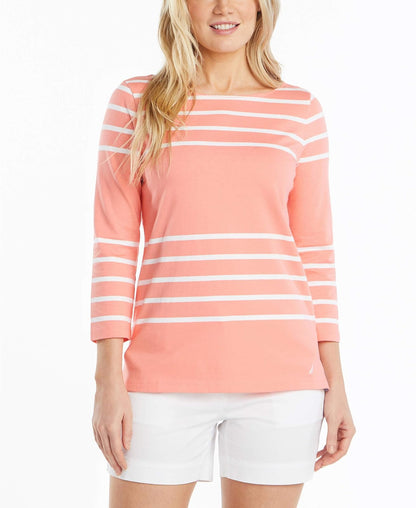 Nautica Camiseta de Manga 3/4 con Cuello de Barco Camisa para Mujer