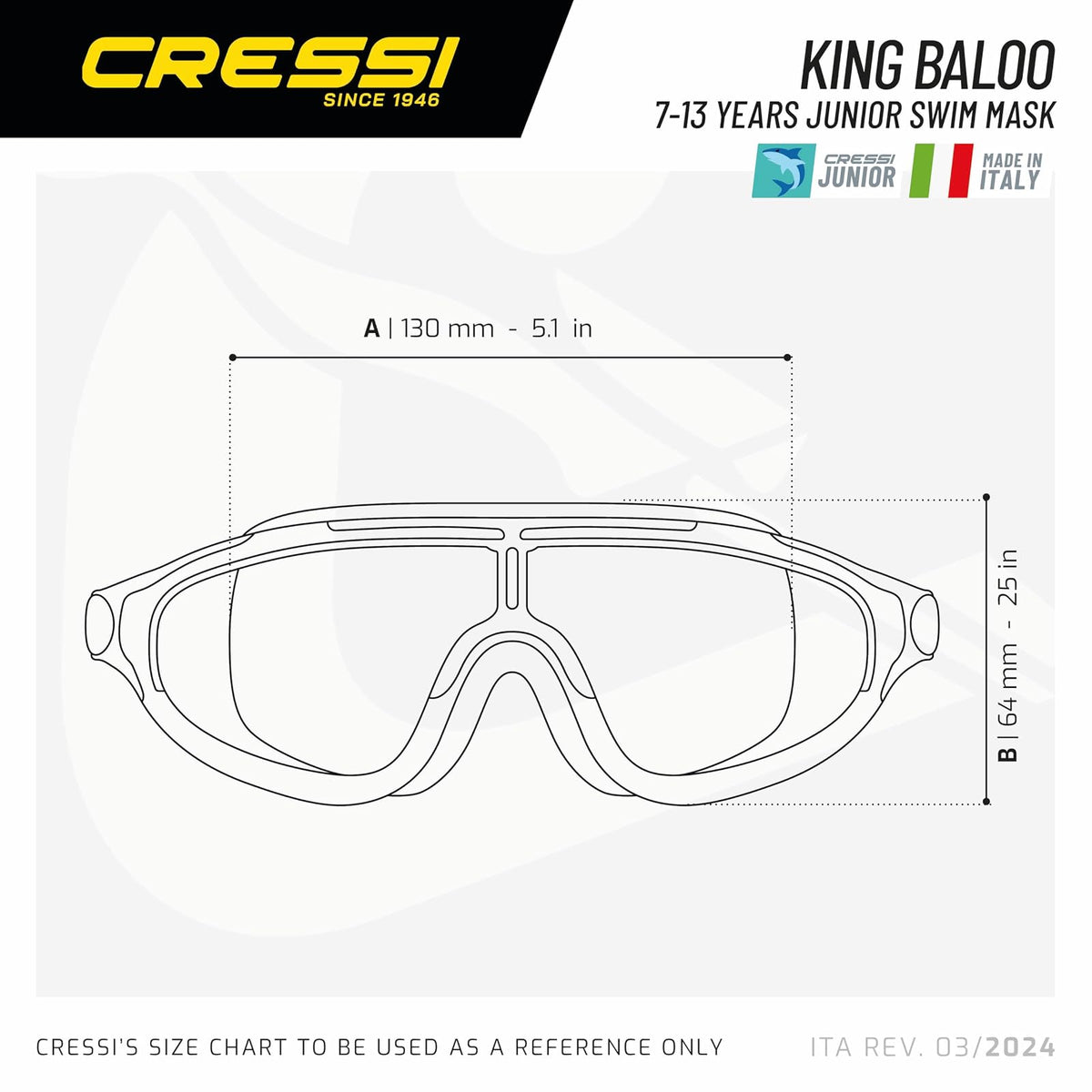 Cressi - Máscara de natación de visión ancha para niños de 7 a 15 años, caras estrechas para adultos, King Baloo fabricado en Italia
