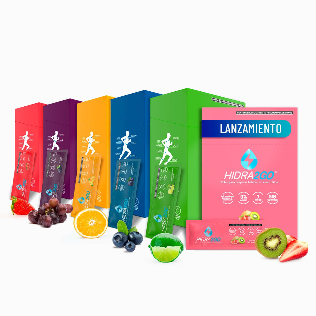 Hidra2go Electrolitos en Polvo Sin Azúcar, Sabores Surtidos - Naranja Mandarina-Fresa-Lima Limon-Uva-Mora Azul-Fresa Kiwi - Pack x6 Adulto