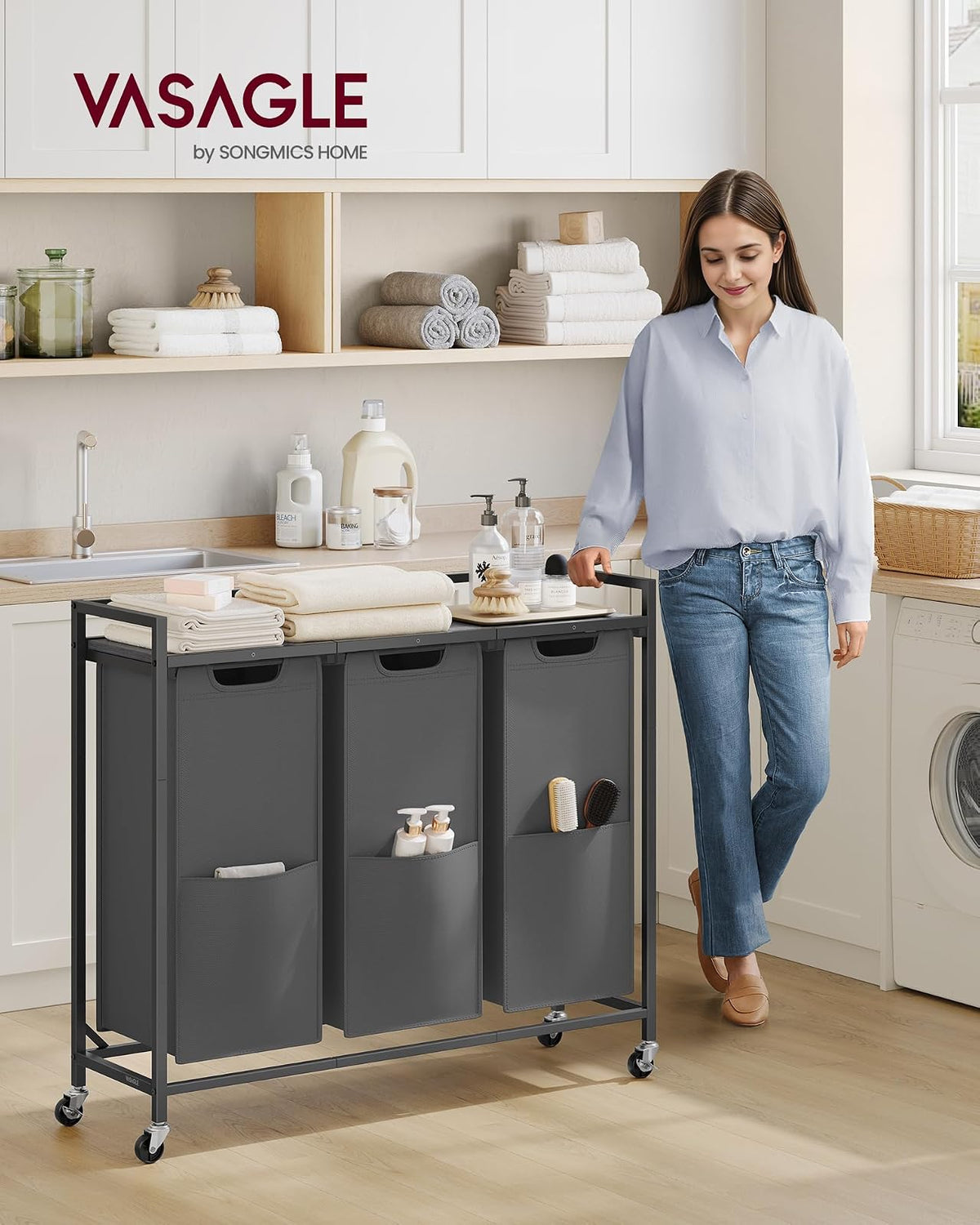 VASAGLE Clasificador de ropa de 43.5 galones UBLH031G01 - Cesta de lavandería con 3 compartimentos, carrito con ruedas, estante, bolsas extraíbles, bolsillos, gris pizarrón y gris carbón