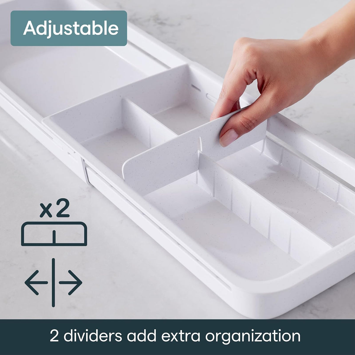 YouCopia DrawerFit - Bandeja deslizante para cajones con divisores ajustables, organizador de almacenamiento de cocina ampliable, color blanco moteado