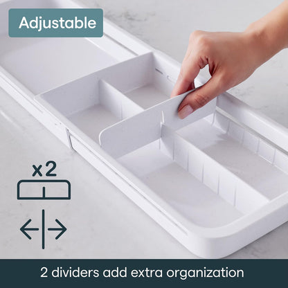 YouCopia DrawerFit - Bandeja deslizante para cajones con divisores ajustables, organizador de almacenamiento de cocina ampliable, color blanco moteado