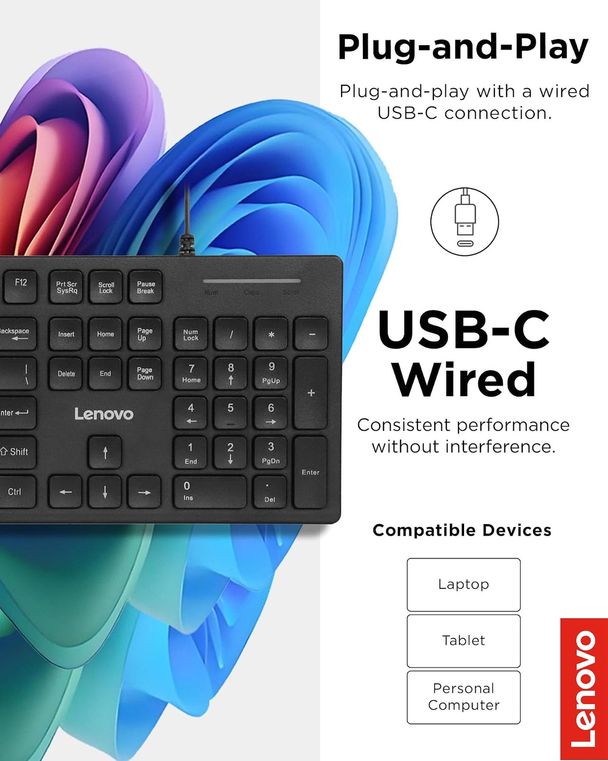 Lenovo 305 Teclado USB-C con Cable con Teclado numérico, tamaño Completo, diseño Delgado, Negro