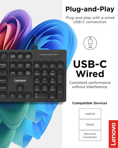 Lenovo 305 Teclado USB-C con Cable con Teclado numérico, tamaño Completo, diseño Delgado, Negro