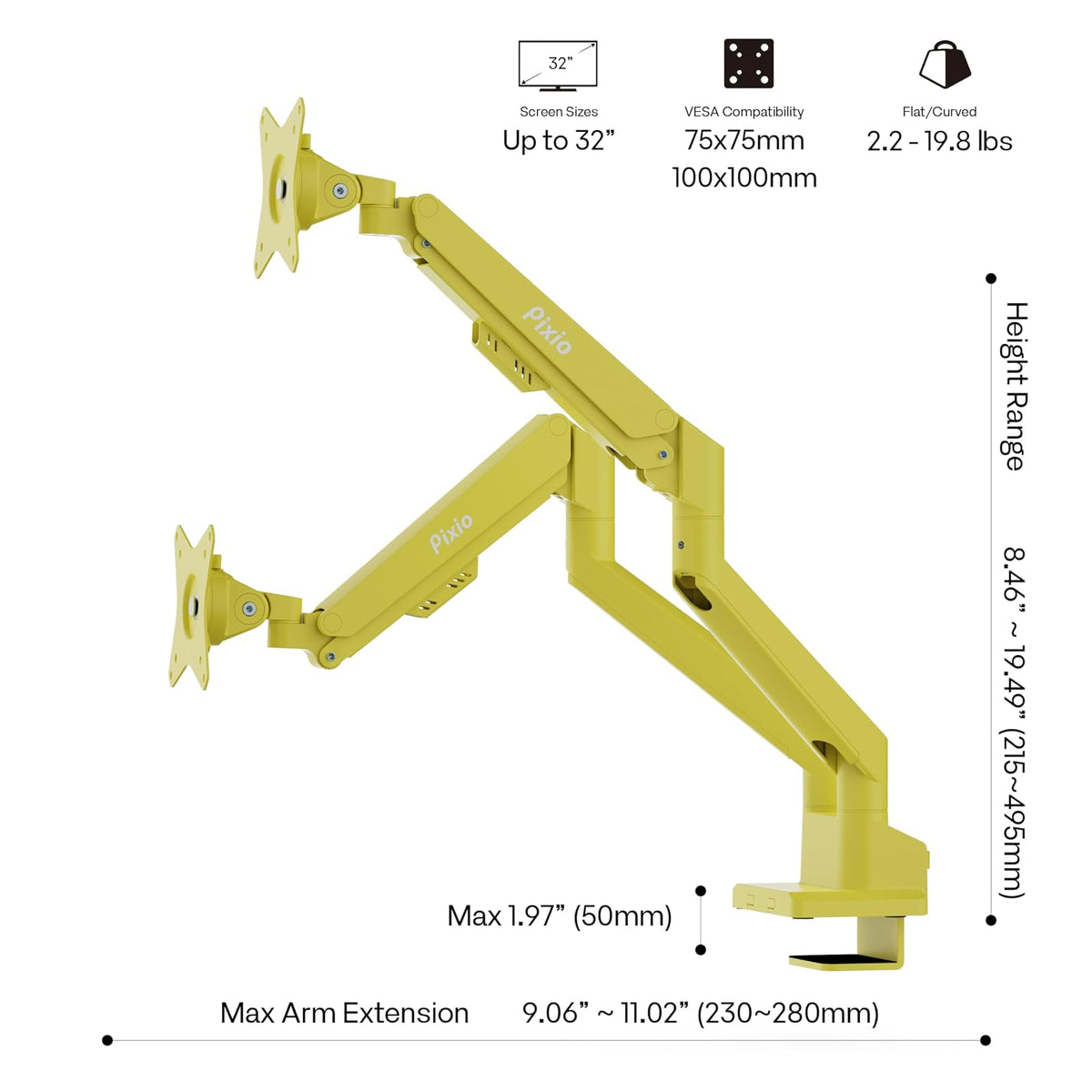 PIXIO PS1D Wave - Soporte de computadora para Monitor Dual Amarillo - Se Adapta a monitores de hasta 32 Pulgadas y hasta 20 Libras. Compatibilidad VESA y gestión de Cables integrada