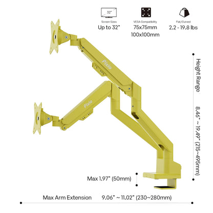 PIXIO PS1D Wave - Soporte de computadora para Monitor Dual Amarillo - Se Adapta a monitores de hasta 32 Pulgadas y hasta 20 Libras. Compatibilidad VESA y gestión de Cables integrada