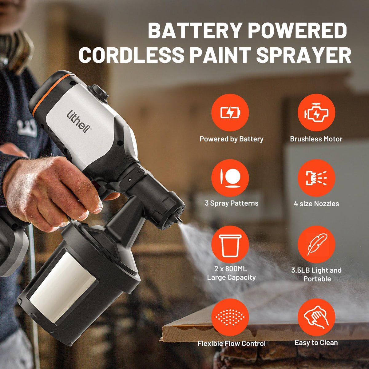 Litheli - Pulverizador de Pintura inalámbrico con batería de 4.0 Ah, HVLP con Motor sin escobillas y 2 recipientes de 800 ml, pulverizadores eléctricos de Pintura de 800 W con 4 boquillas de Cobre