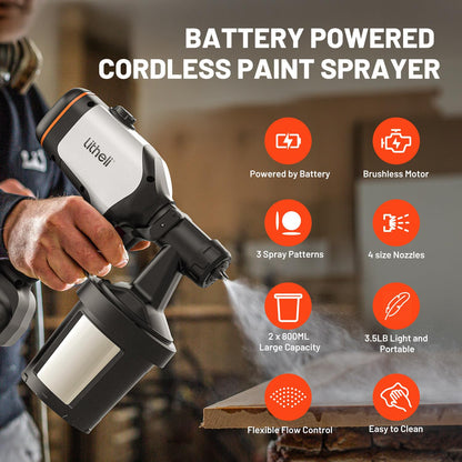 Litheli - Pulverizador de Pintura inalámbrico con batería de 4.0 Ah, HVLP con Motor sin escobillas y 2 recipientes de 800 ml, pulverizadores eléctricos de Pintura de 800 W con 4 boquillas de Cobre