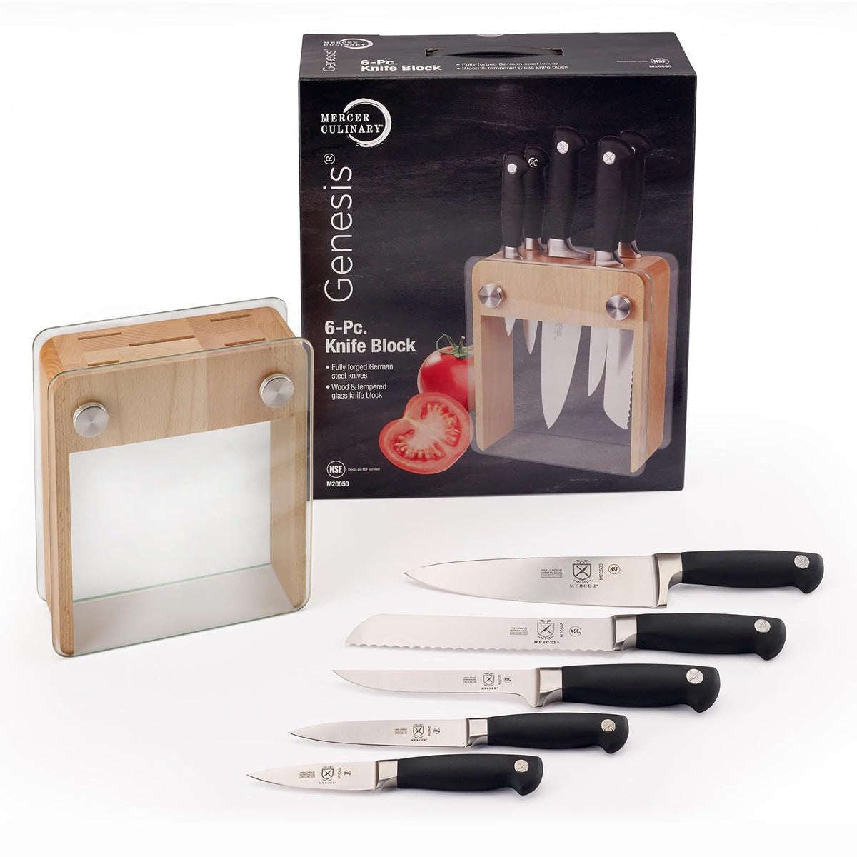 Mercer Culinary Genesis Juego de bloque con 6 cuchillos forjados, Bloque de madera con vidrio templado, Negro/Acero, 15" x 4" x 10", 1, 1