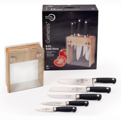Mercer Culinary Genesis Juego de bloque con 6 cuchillos forjados, Bloque de madera con vidrio templado, Negro/Acero, 15" x 4" x 10", 1, 1