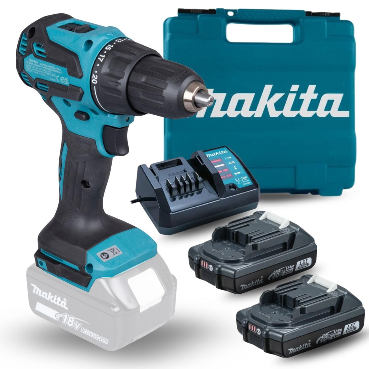 Makita - Rotomartillo atornillador Inalambrico 18V - Modelo DHP490WVE (Incluye 2 baterías, cargador y estuche rígido)