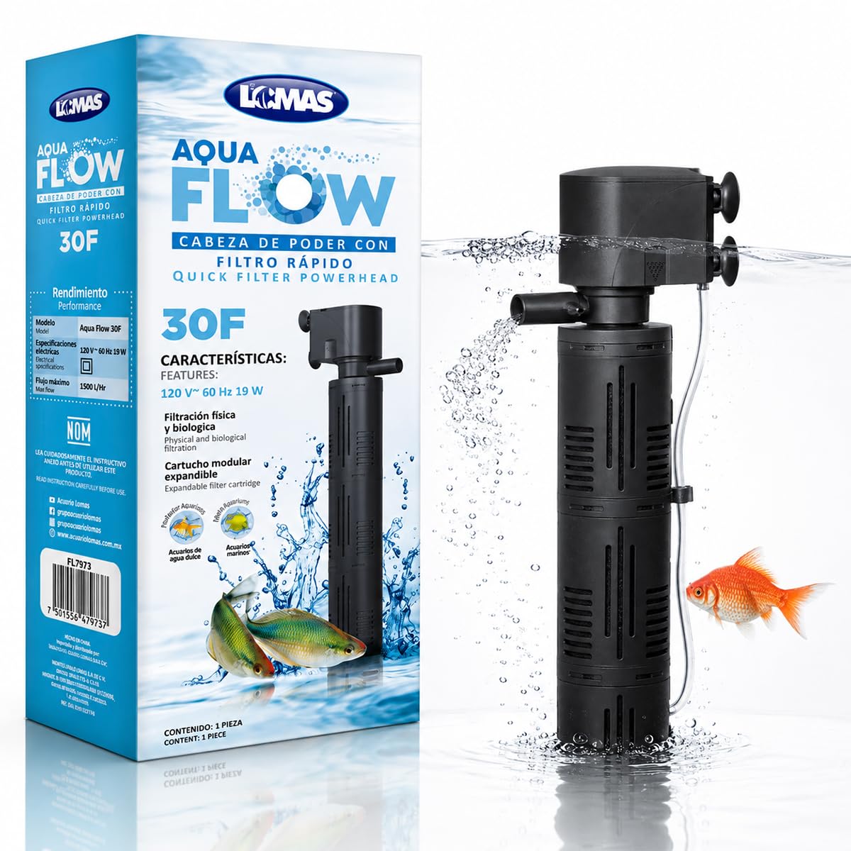Lomas Cabeza de Poder con Filtro Rápido AquaFlow 30 para Acuarios 300-500 L, Filtración Mecánica y Biológica, 1500 L/h, 19W, Sumergible