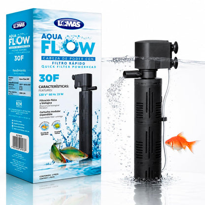 Lomas Cabeza de Poder con Filtro Rápido AquaFlow 30 para Acuarios 300-500 L, Filtración Mecánica y Biológica, 1500 L/h, 19W, Sumergible