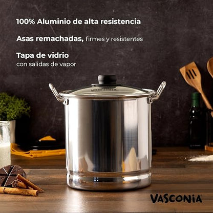 Vasconia | Vaporera 7 Litros Aluminio con Tapa de Vidrio y Rejilla 22cm | 100% aluminio, asas remachadas, pomo baquelita, calor uniforme, ahorro gas, certificado NOM, gran capacidad, cocina saludable
