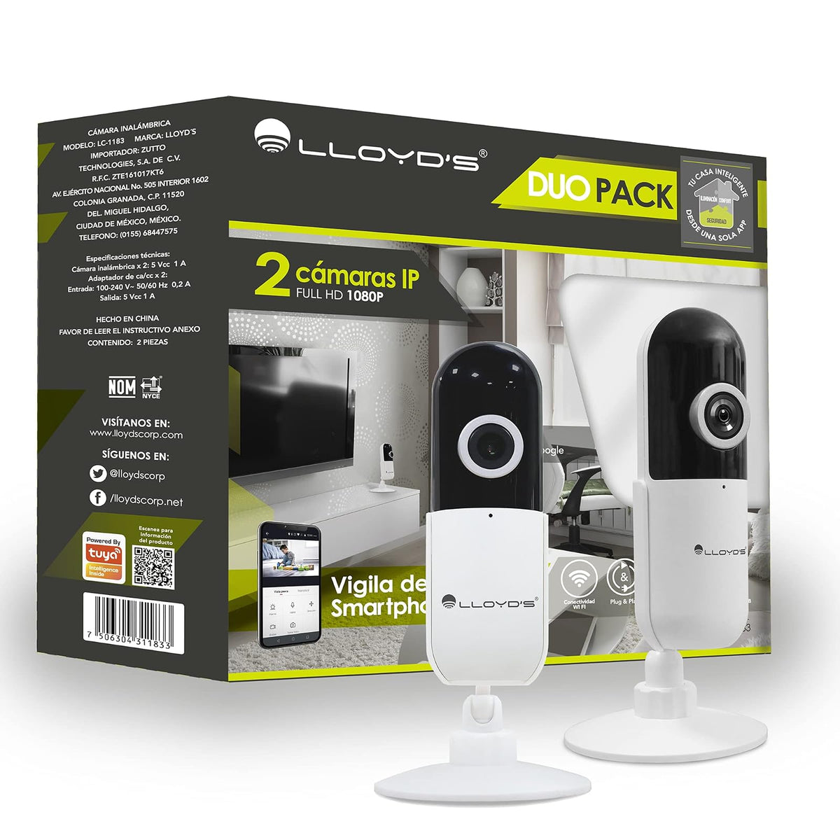 Lloyd's Set 2 Cámaras IP WiFi p/Interior 1080P Audio 2 vías Compatible Alexa
