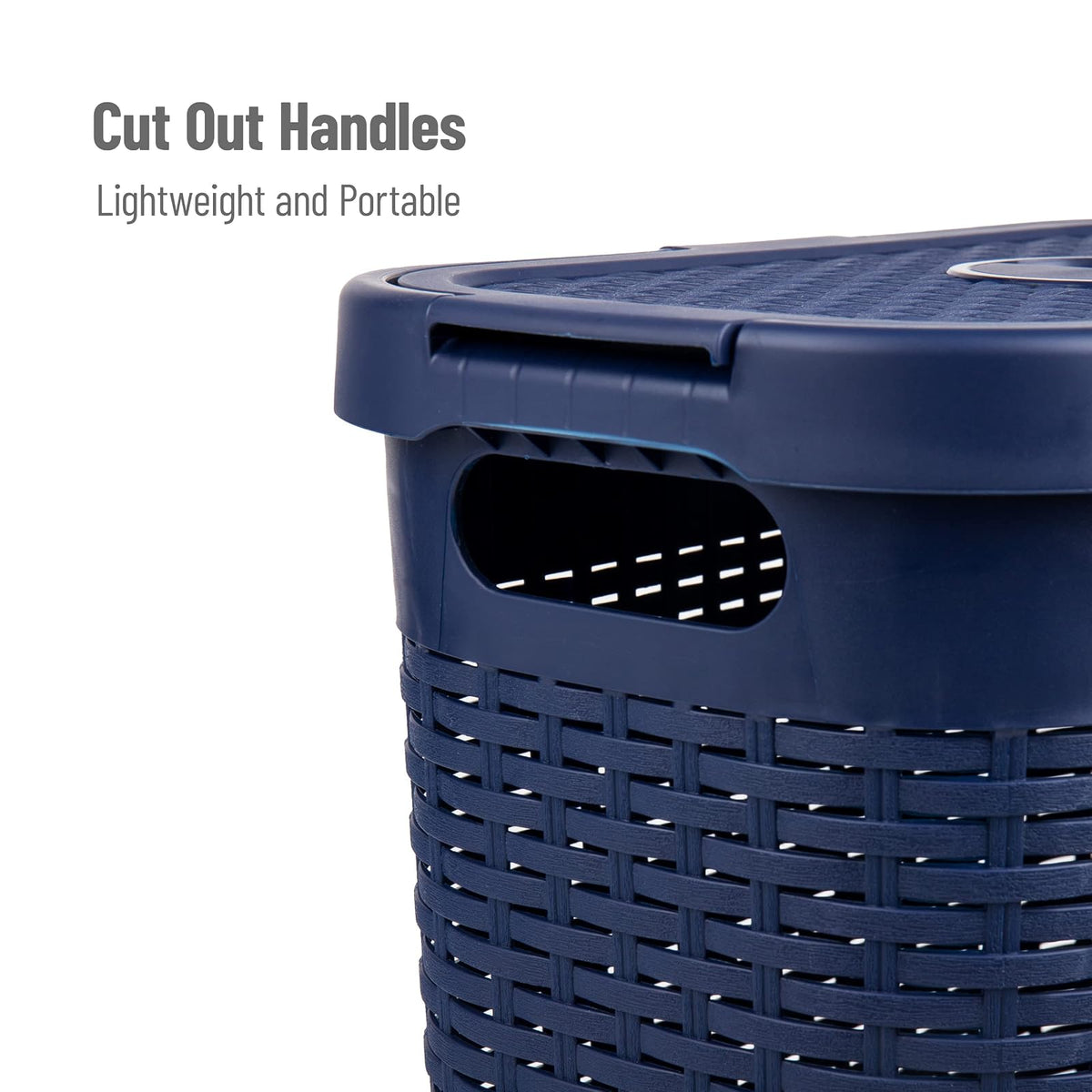 Mind Reader 40L Slim Laundry Hamper, Clothes Basket, Lid, Wicker Design, Plastic, 18" L x 10.4" W x 23.5" H, Navy