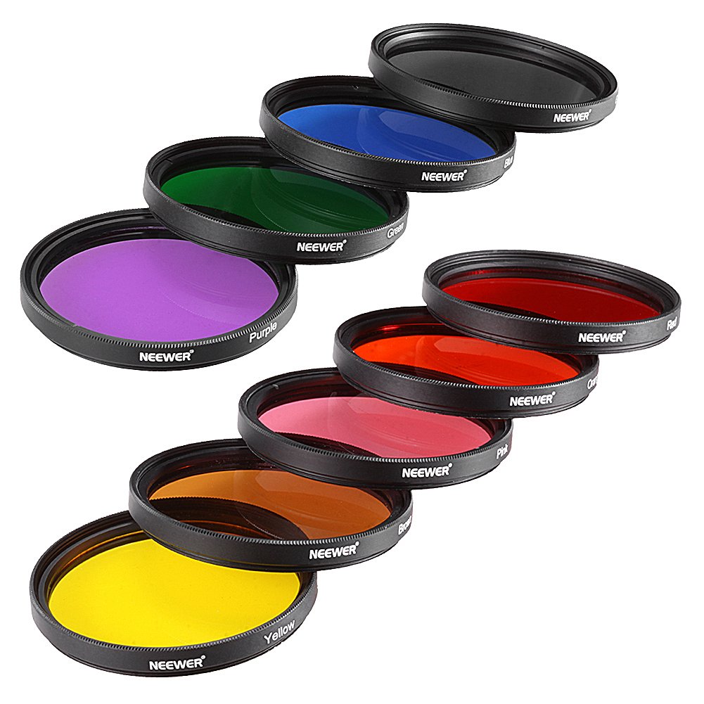 Neewer 58 mm Lente con Función de Juego de Filtros de Color (9 piezas) para Cámara con Objetivo de 58 mm Rosca para Filtro - Incluye: Rojo, Naranja, Azul, Amarillo, Verde, Marrón, Morado, Rosa y Gris