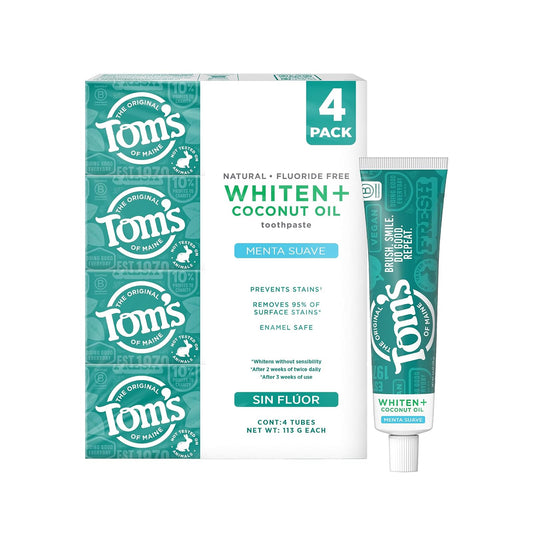 Tom's of Maine Pasta Dental Blanqueadora con aceite de Coco 4x113gr | Menta suave, Sin flúor, segura para el esmalte, sin sabores artificiales