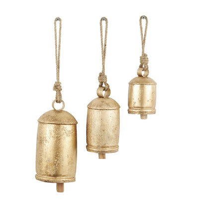 Deco 79 - Campana Decorativa de Vaca con Cuerda Colgante de Yute, de Metal Inspirado en Tibetano, Juego de 3 10 Pulgadas, 8 Pulgadas, 6 Pulgadas de Alto, Dorado