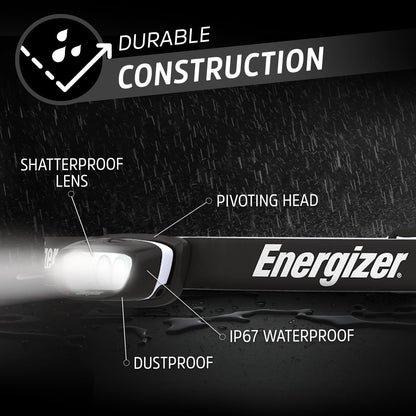 Energizer HDL70 - Linterna frontal recargable LED multicolor, batería recargable de iones de litio, dos modos LED verdes para visión nocturna, función de atenuación avanzada, resistente al agua IP67