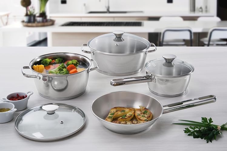 Tramontina Batería de Cocina Allegra Acero Inoxidable 7 Piezas | Set de 7 piezas, 4.2 litros, ollas con tapa, sartén, cazo con tapa
