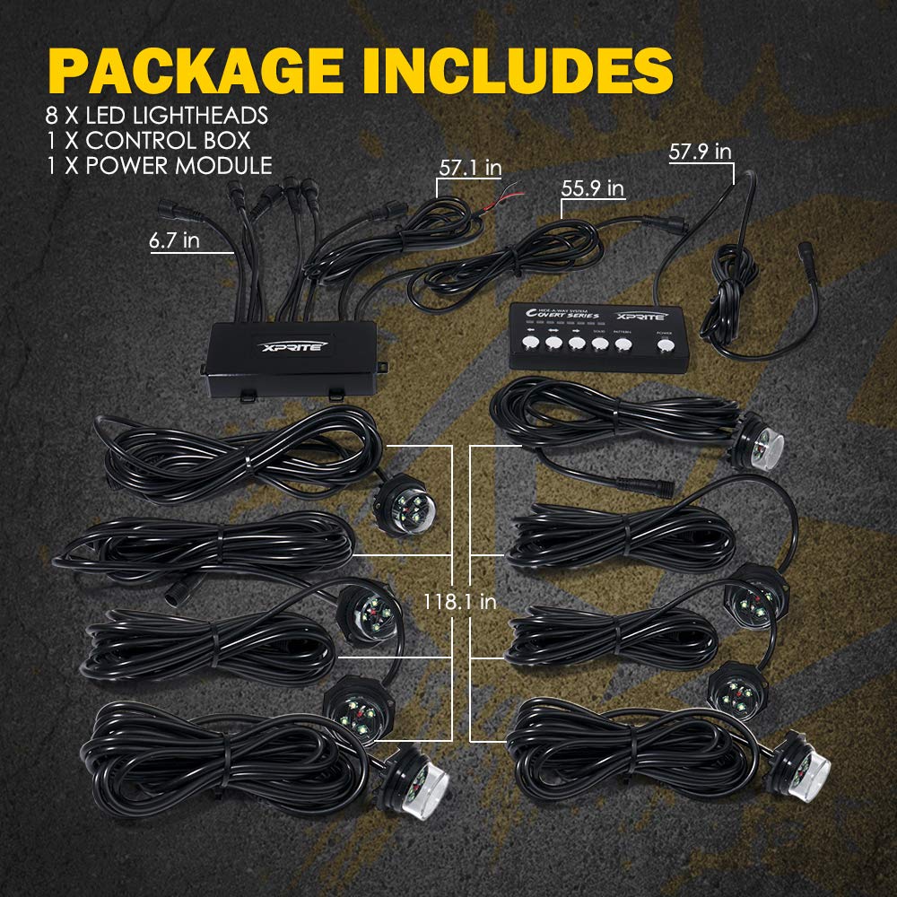 Xprite - Kit 8 luces estroboscópicas LED ocultas tipo policía, blanco ámbar, 20 patrones parpadeo c/panel de control p/faros delanteros, traseros, luces advertencia p/vehículo emergencia, camión, SUV