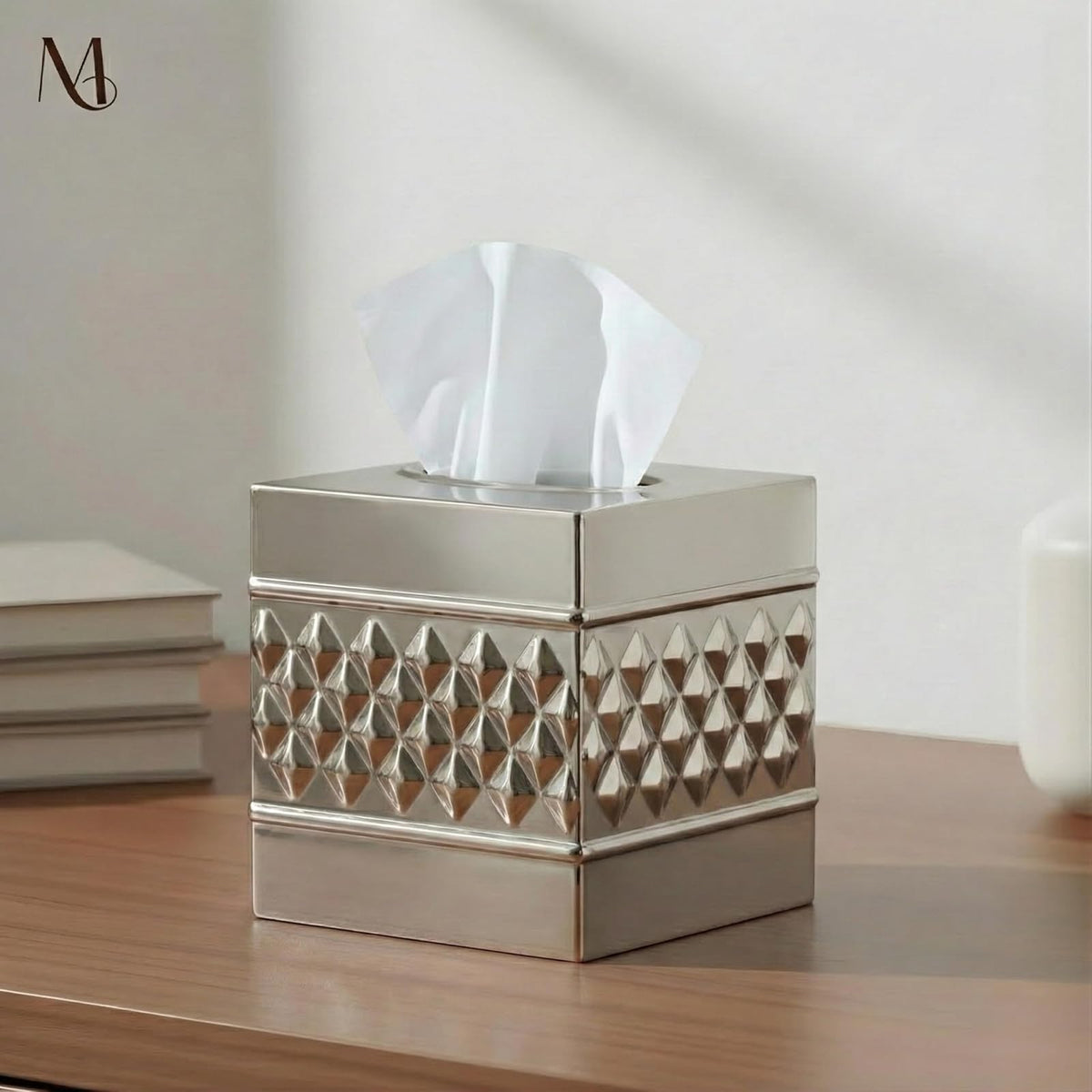 Monarch Abode - Funda Cuadrada de Tela geométrica Hecha a Mano con Relieve, Soporte de níquel y Cromo, Accesorios Cuadrados de Metal para aparador, Soporte Decorativo para Caja de pañuelos, Cubierta