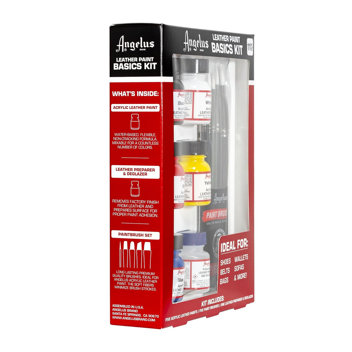 Angelus Leather Paint Basics Kit, Contains 1 Ounce Bottles of Black, White, Red, Blue, Yellow and Preparer, Plus a 5-Piece Angelus Brush Set (799-01-KIT)