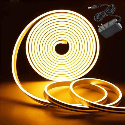 DOSYU Tira Neón Flex LED, 12V 16.4ft/5m Impermeable Flexible Cortable DIY 2835 Luces Led IP65 Decorativa para TV, Cuarto,Halloween, Fiesta de Navidad, con Adaptador(Blanco cálido)