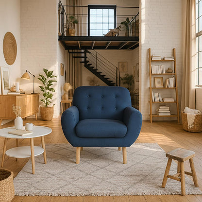 Sillón Individual Tapizado en Tela Ultra Suave Color Azul. Estructura de Madera Sólida